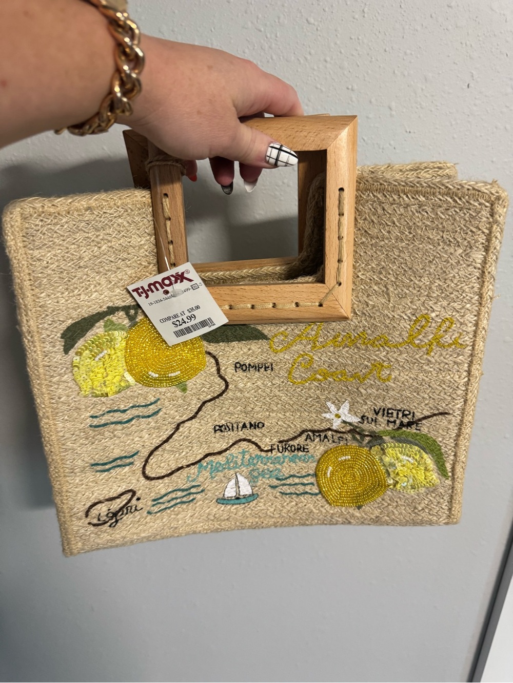 Handmade Straw Tote with Lemon Embroidery - Neutral